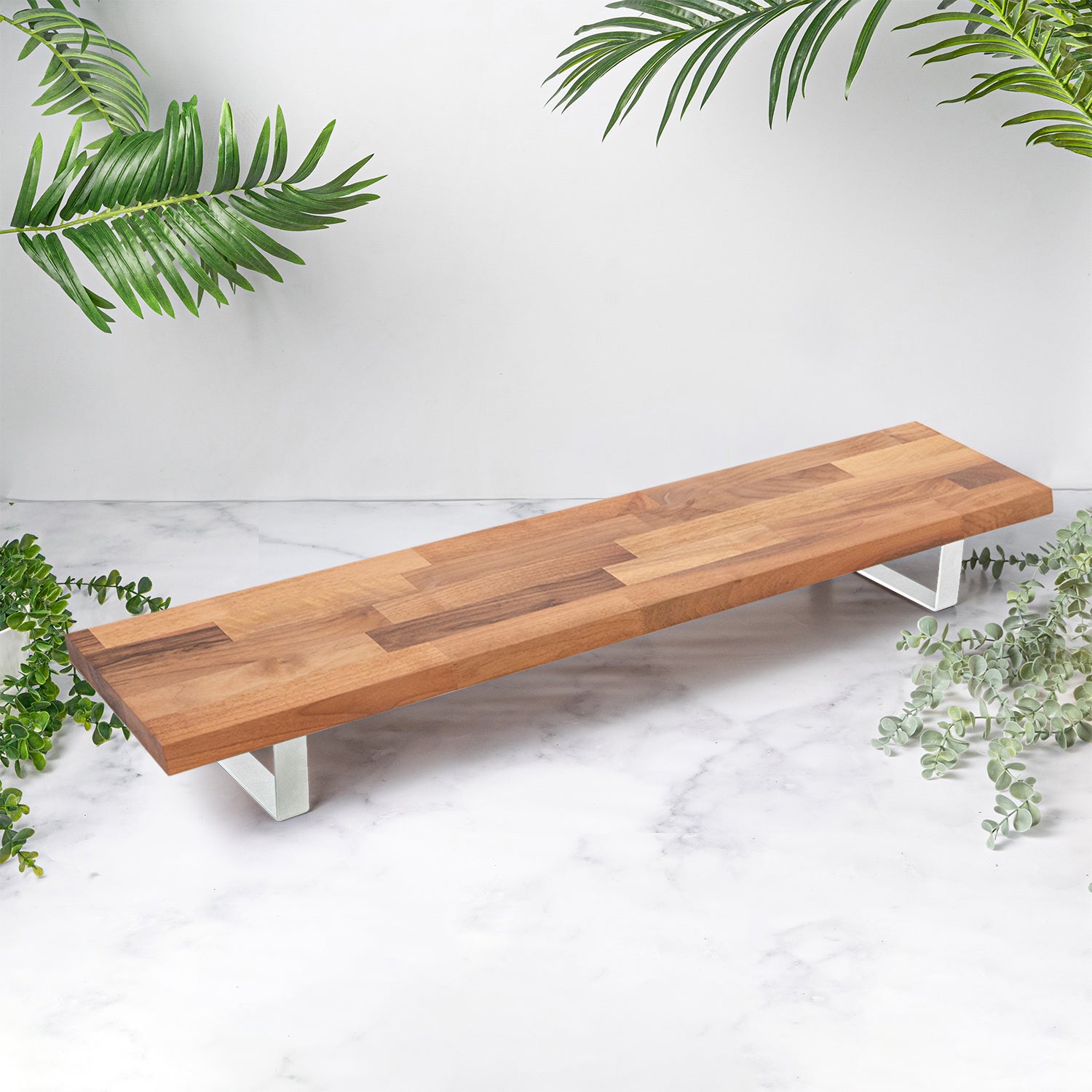 Walnut Solid Wood Monitor Stand with White Metal Legs