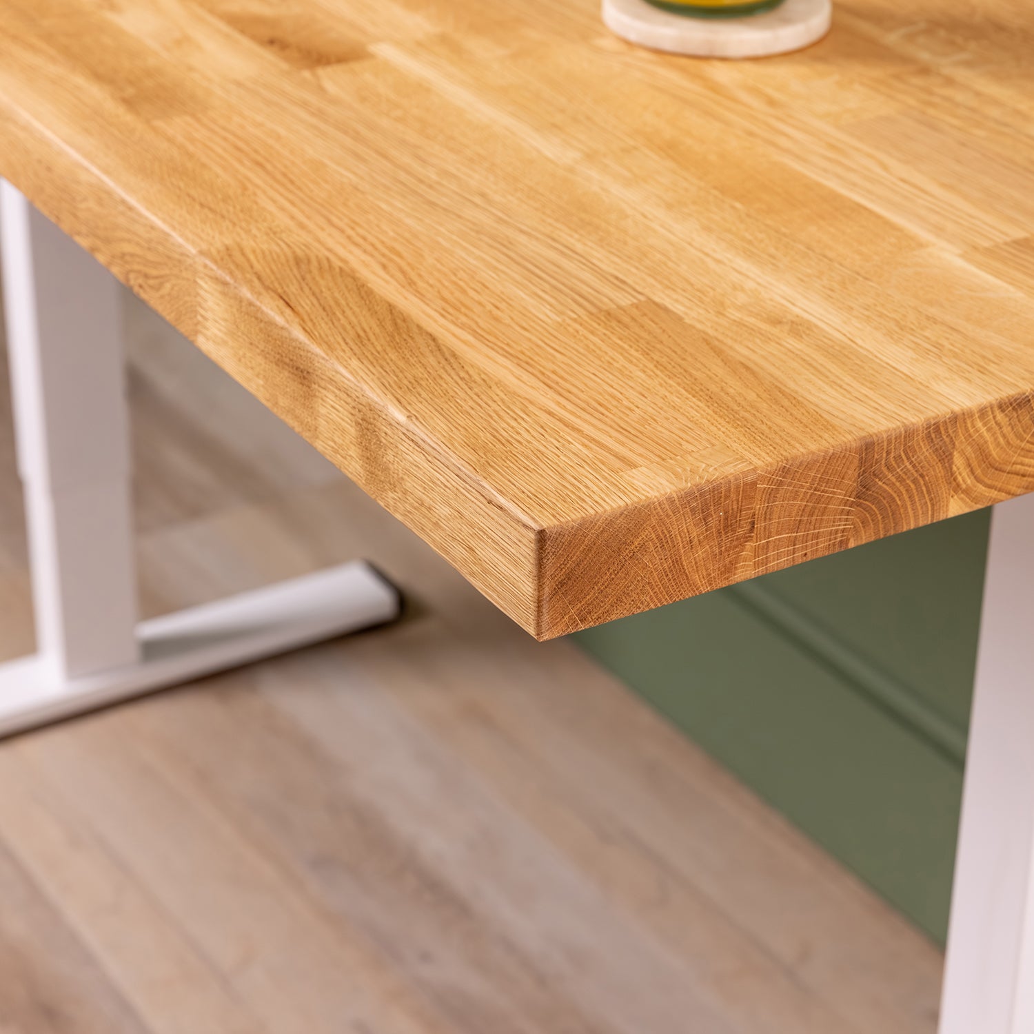 White Sit Stand Electric Desk with Oak Wooden Desktop