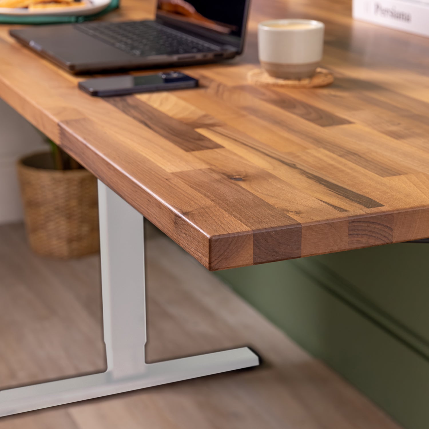 White Sit Stand Electric Desk with Walnut Wooden Desktop